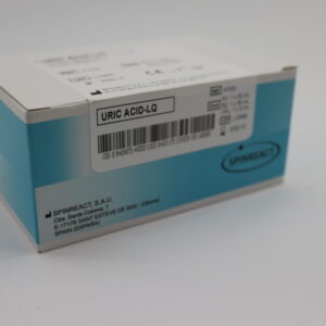 a Spinreact Uric Acid-LQ reagent kit, used for measuring uric acid levels in laboratory settings.