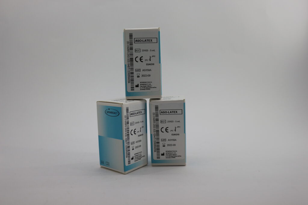 The image shows three boxes of ASO-Latex reagent manufactured by ...
