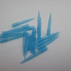 The image shows blue micropipette tips, which are disposable laboratory consumables used for transferring liquids